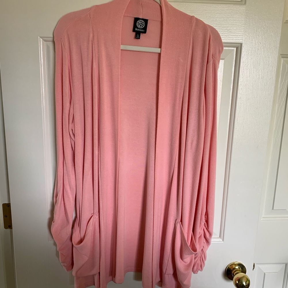 Bobeau Knit Open Cardigan w/ Ruched Sleeve Detail